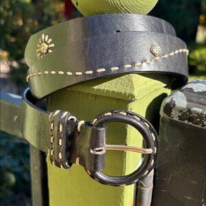 [New] Brighton Black Leather Belt (36”) Cream Stitching & Metallic Detail